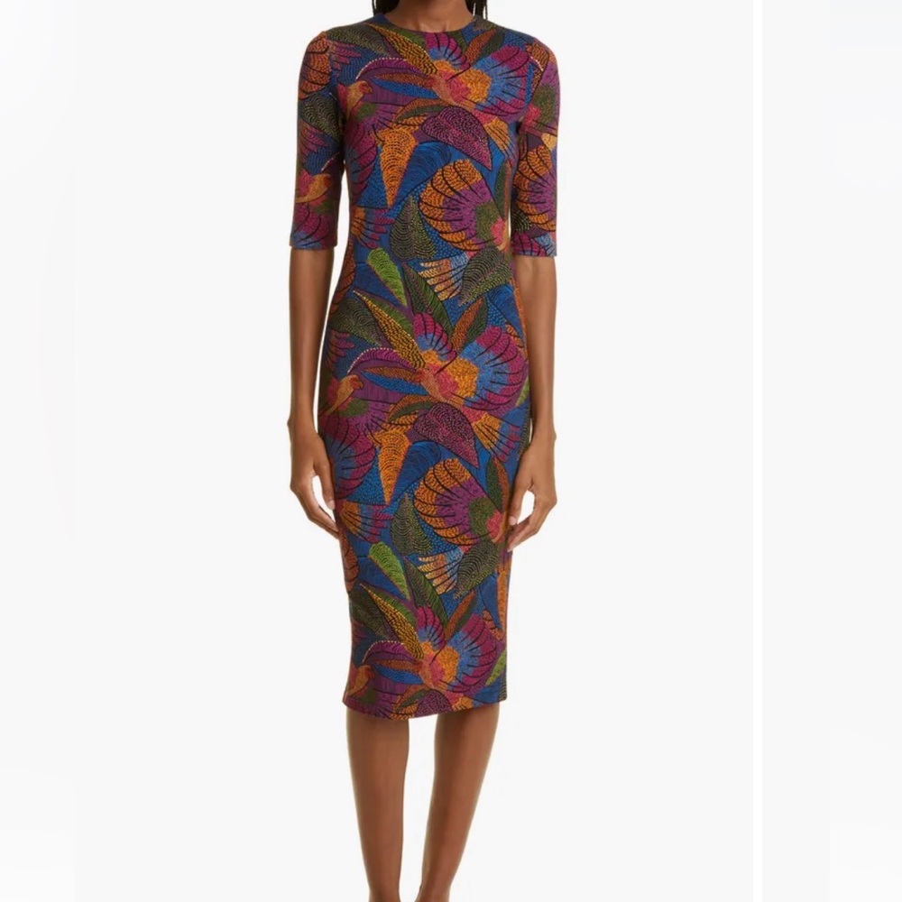 Farm Rio Dotted Macaws midi jersey dress size large floral bohemian sheath - Picture 10 of 11
